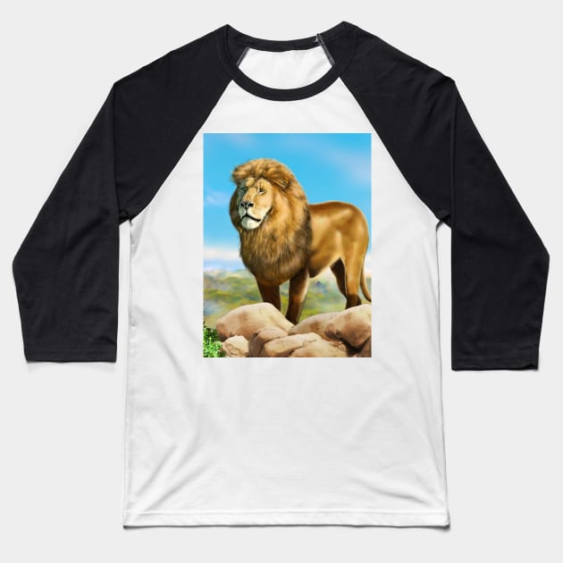 Lion king a wild animal. Wild African lion in nature. Retro style. Realistic Oil painting illustration. Lion Head Wildlife Hand Drawing poster Baseball T-Shirt by sofiartmedia